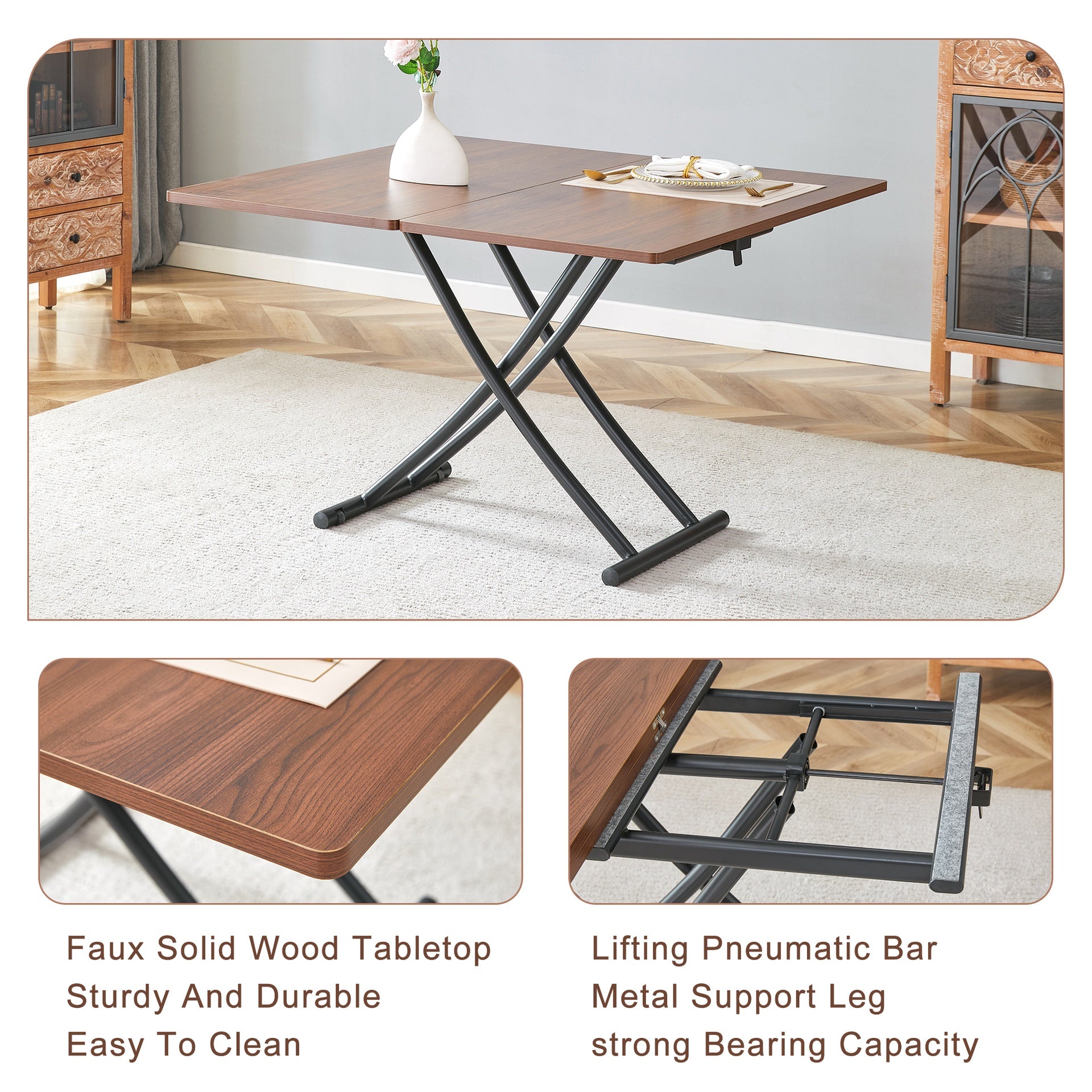 Modern minimalist multifunctional lift table with 0.8 inch thick MDF desktop and black metal legs, can be used as a dressing table, coffee table, dining table, and office table.Walnut textured desktop