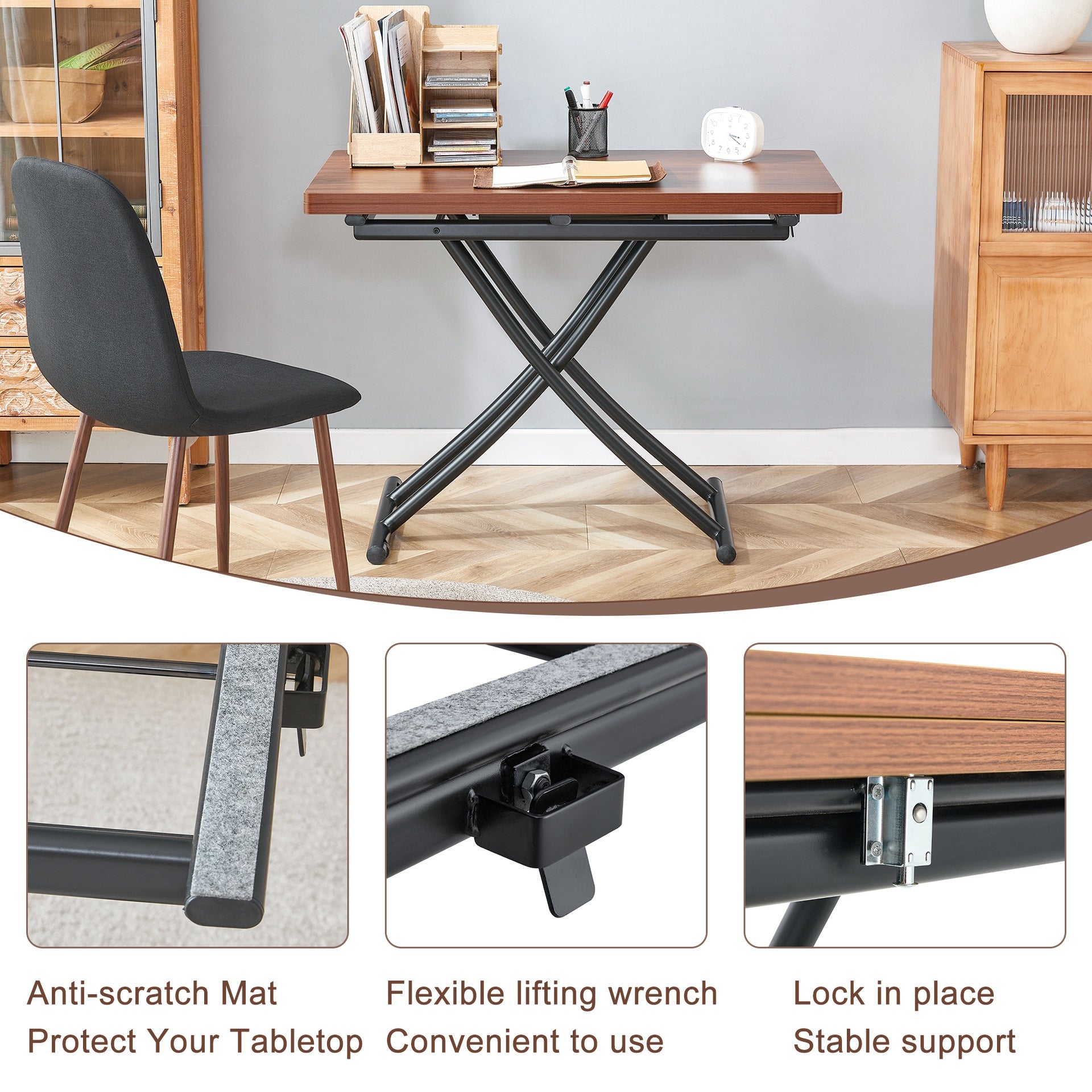 Modern minimalist multifunctional lift table with 0.8 inch thick MDF desktop and black metal legs, can be used as a dressing table, coffee table, dining table, and office table.Walnut textured desktop