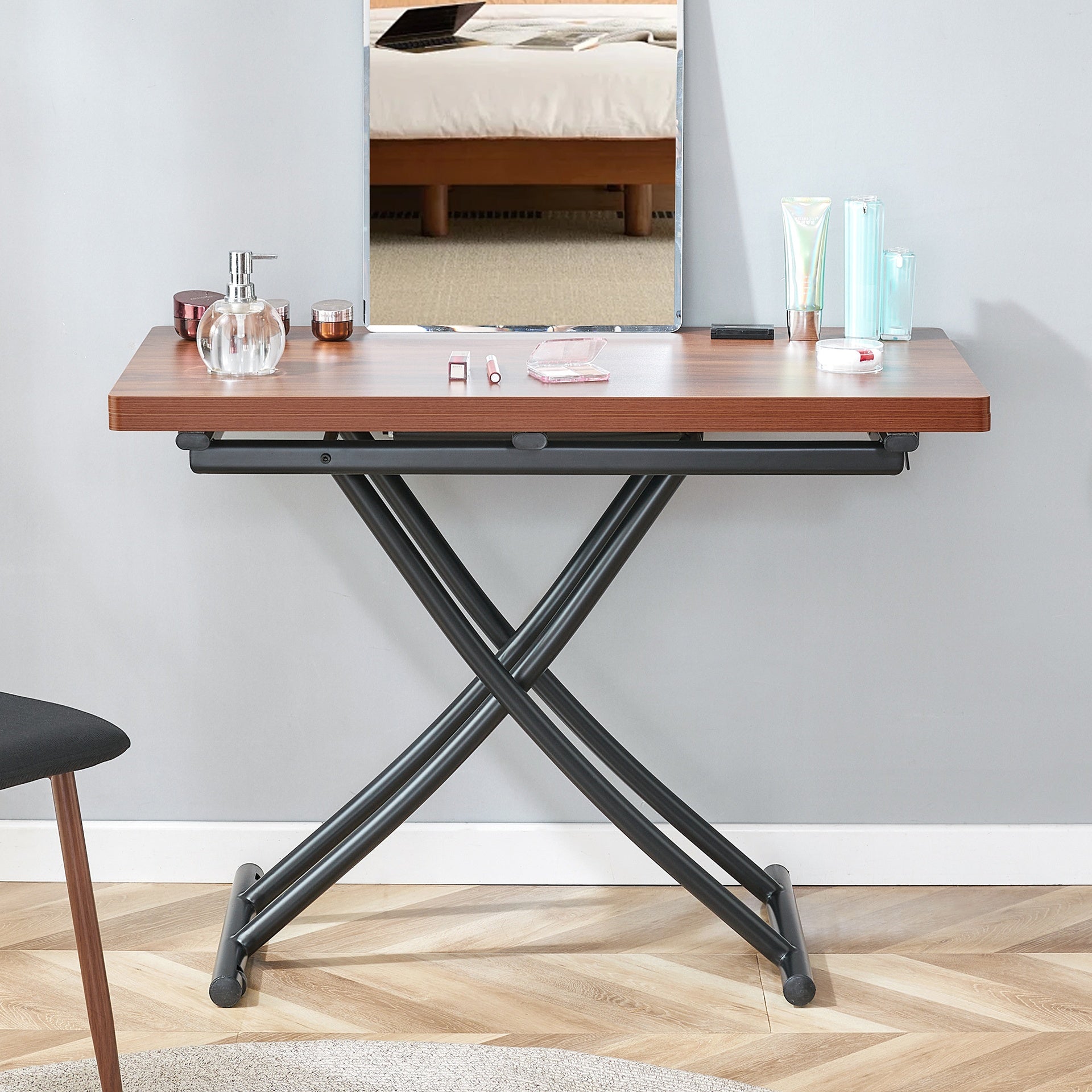 Modern minimalist multifunctional lift table with 0.8 inch thick MDF desktop and black metal legs, can be used as a dressing table, coffee table, dining table, and office table.Walnut textured desktop