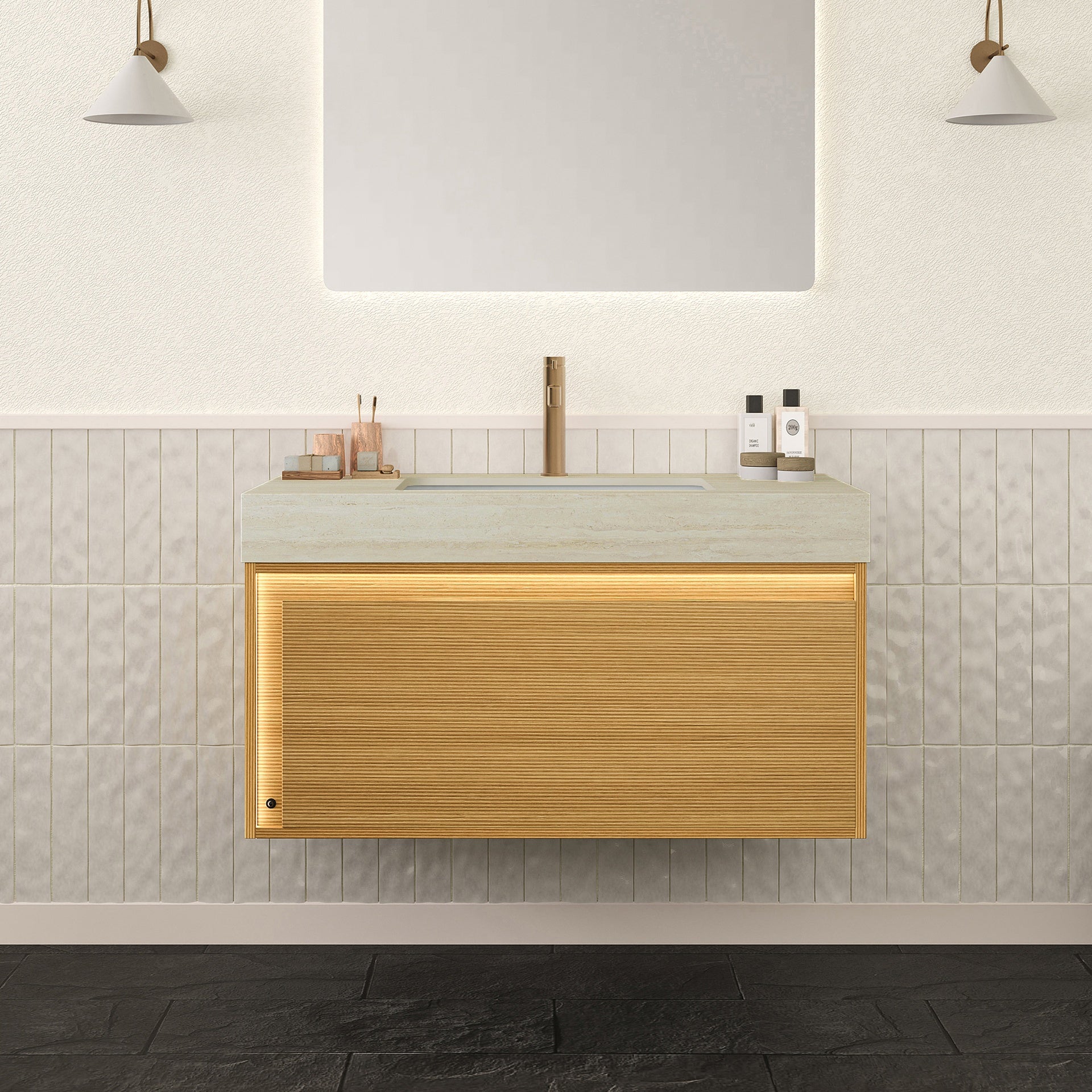 NYAH 36'' Bathroom Vanity&Sink, Floating Ultra-Slim Grille Plywood Storage Cabinet, Drawer, Sensor Light, Travertine-Pattern Sintered Stone Top&Ceramic Undermount Basin, Pre-assembled, Light Woodgrain