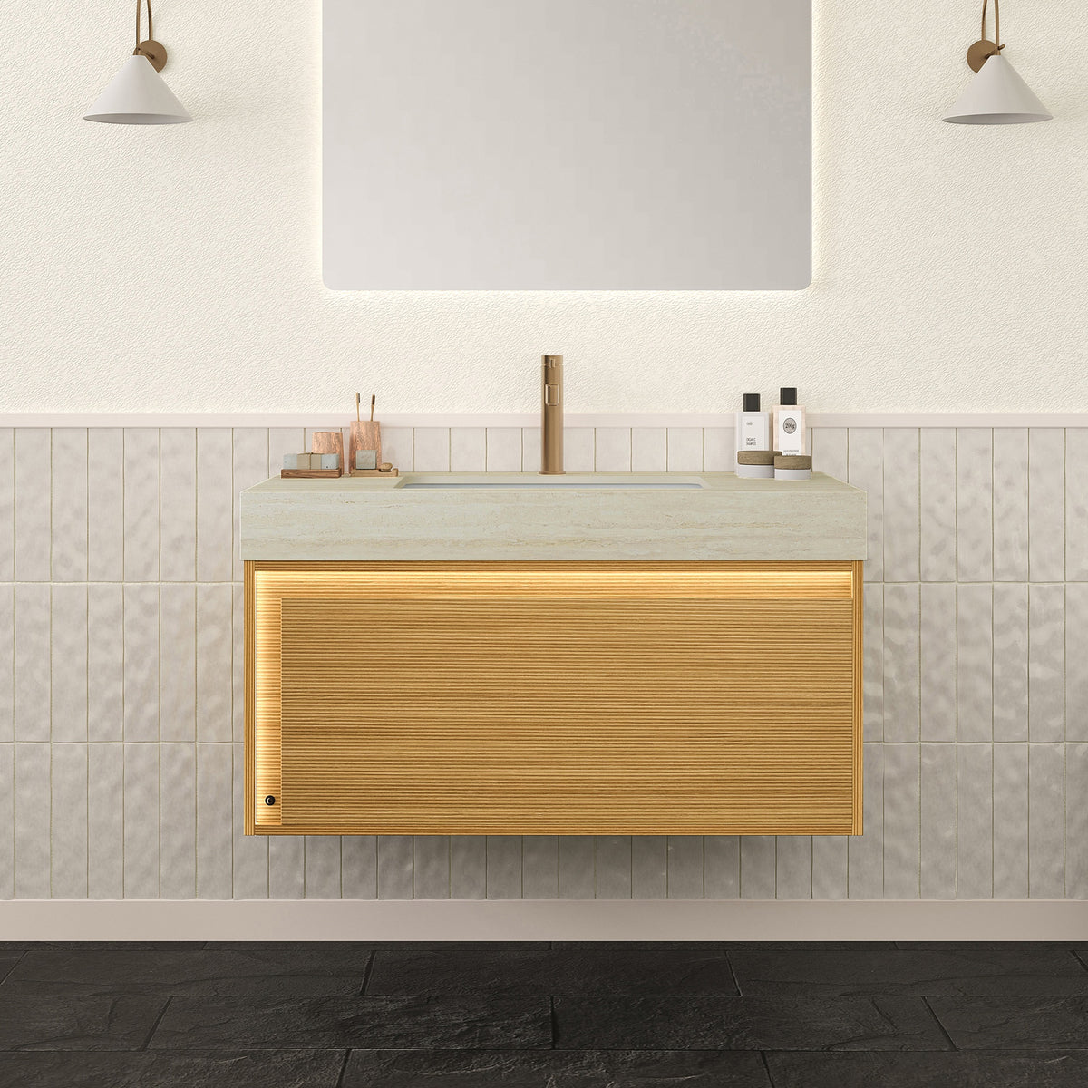 NYAH 36'' Bathroom Vanity&Sink, Floating Ultra-Slim Grille Plywood Storage Cabinet, Drawer, Sensor Light, Travertine-Pattern Sintered Stone Top&Ceramic Undermount Basin, Pre-assembled, Light Woodgrain