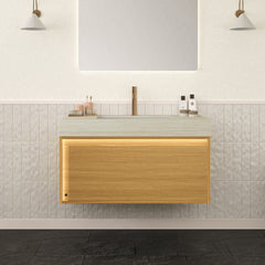 NYAH 36'' Bathroom Vanity&Sink, Floating Ultra-Slim Grille Plywood Storage Cabinet, Drawer, Sensor Light, Travertine-Pattern Sintered Stone Top&Ceramic Undermount Basin, Pre-assembled, Light Woodgrain