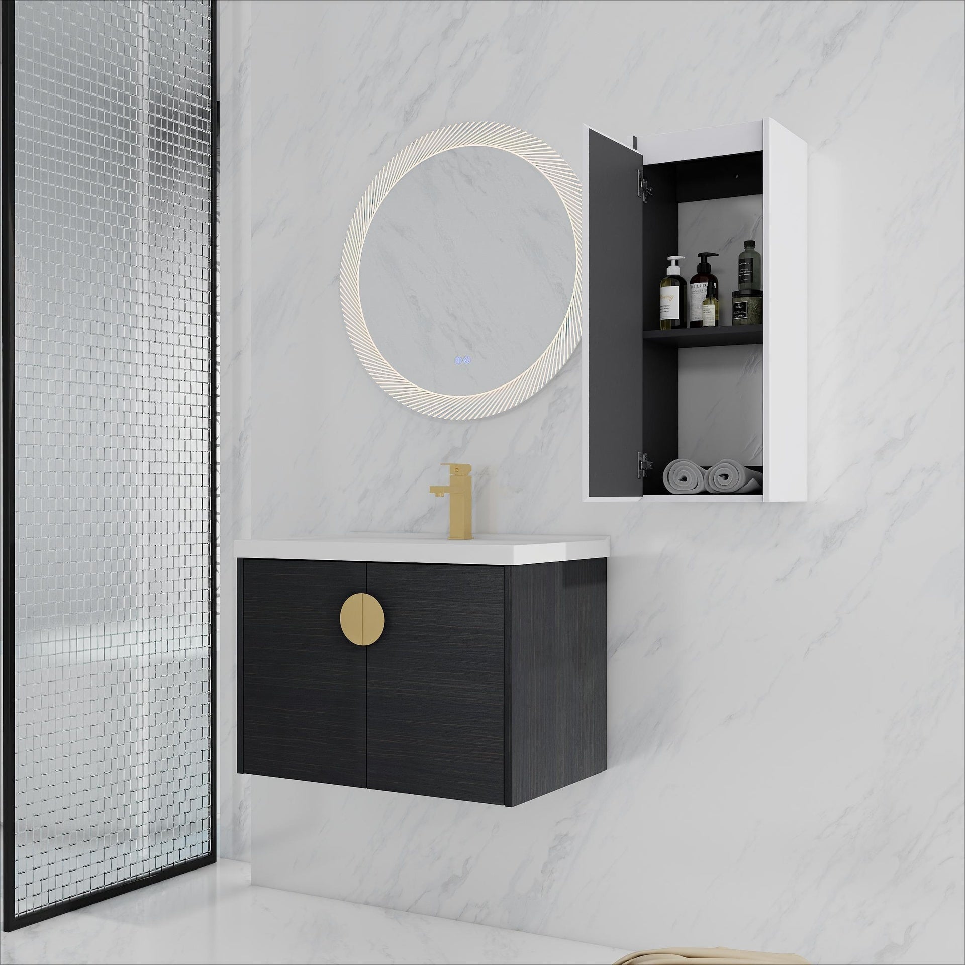 28" Wall-Mounted Bathroom Vanity With Ceramic Sink and Side Cabinet, Soft Close Doors, 00112WH-06328BCT Combination Cabinet(KD-Packing)