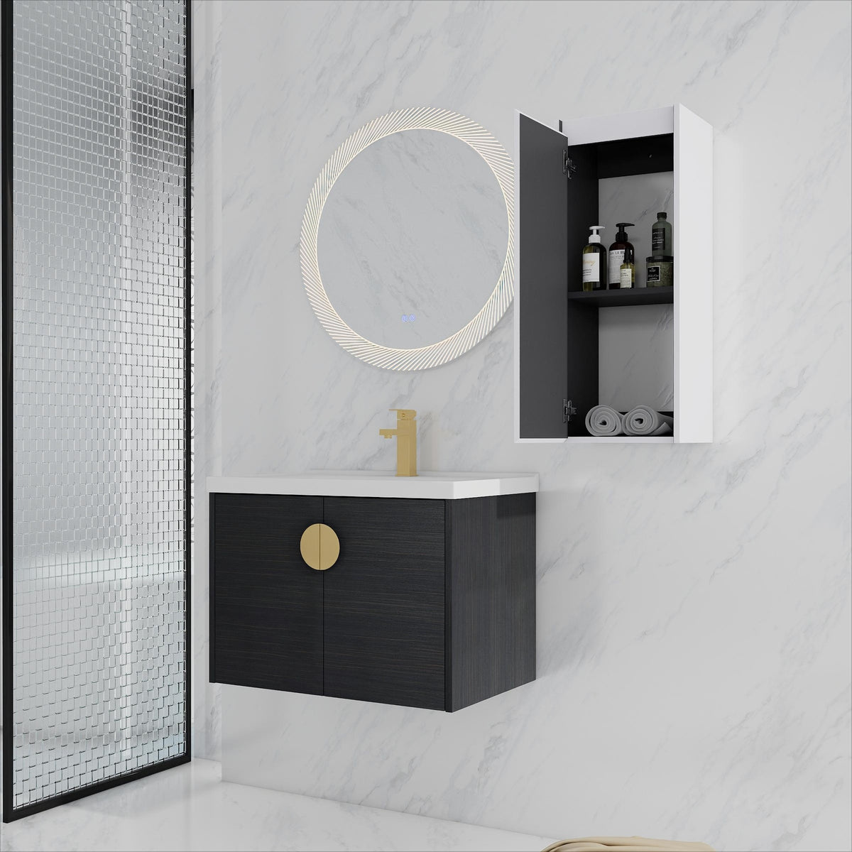 28" Wall-Mounted Bathroom Vanity With Ceramic Sink and Side Cabinet, Soft Close Doors, 00112WH-06328BCT Combination Cabinet(KD-Packing)