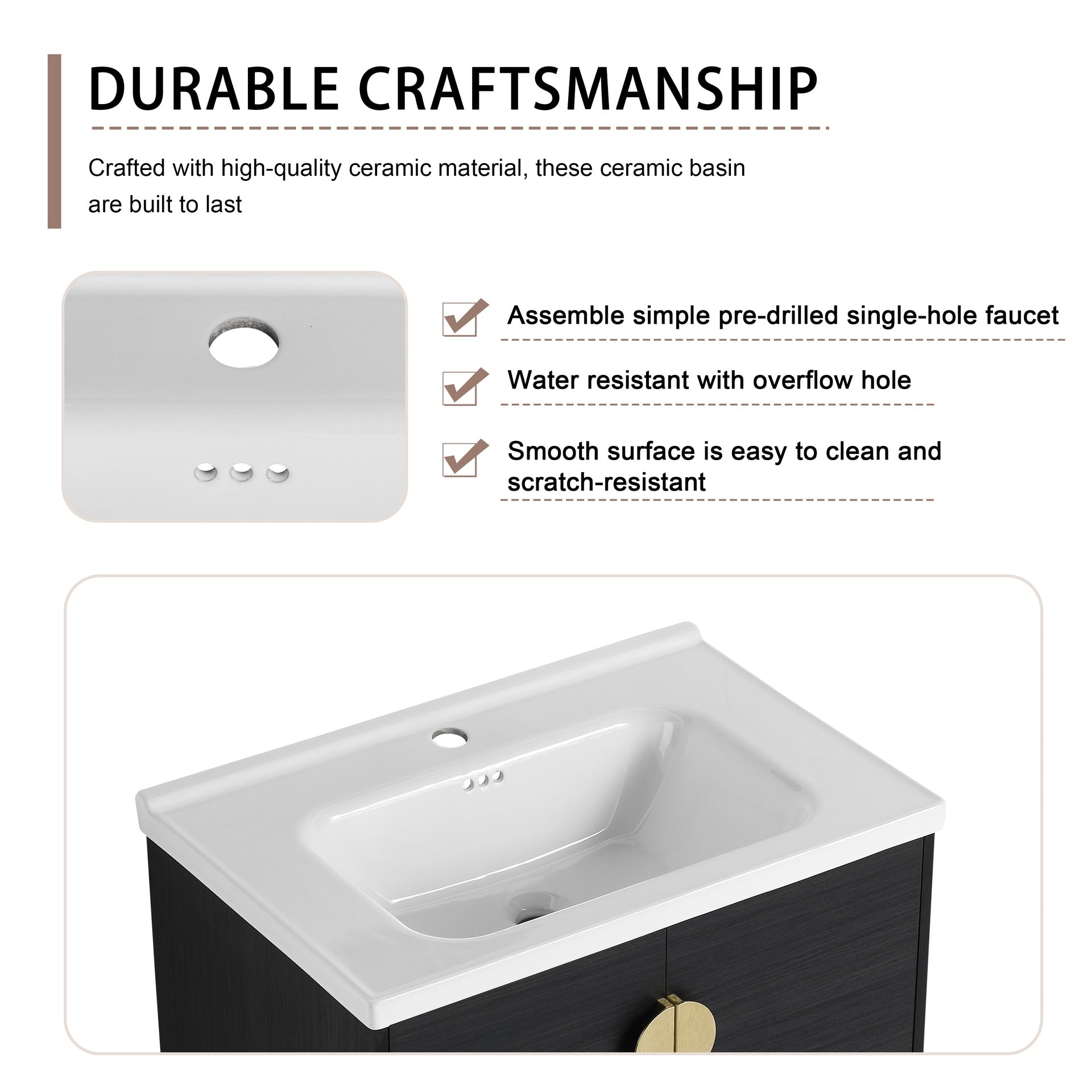 28" Wall-Mounted Bathroom Vanity With Ceramic Sink and Side Cabinet, Soft Close Doors, 00112WH-06328BCT Combination Cabinet(KD-Packing)