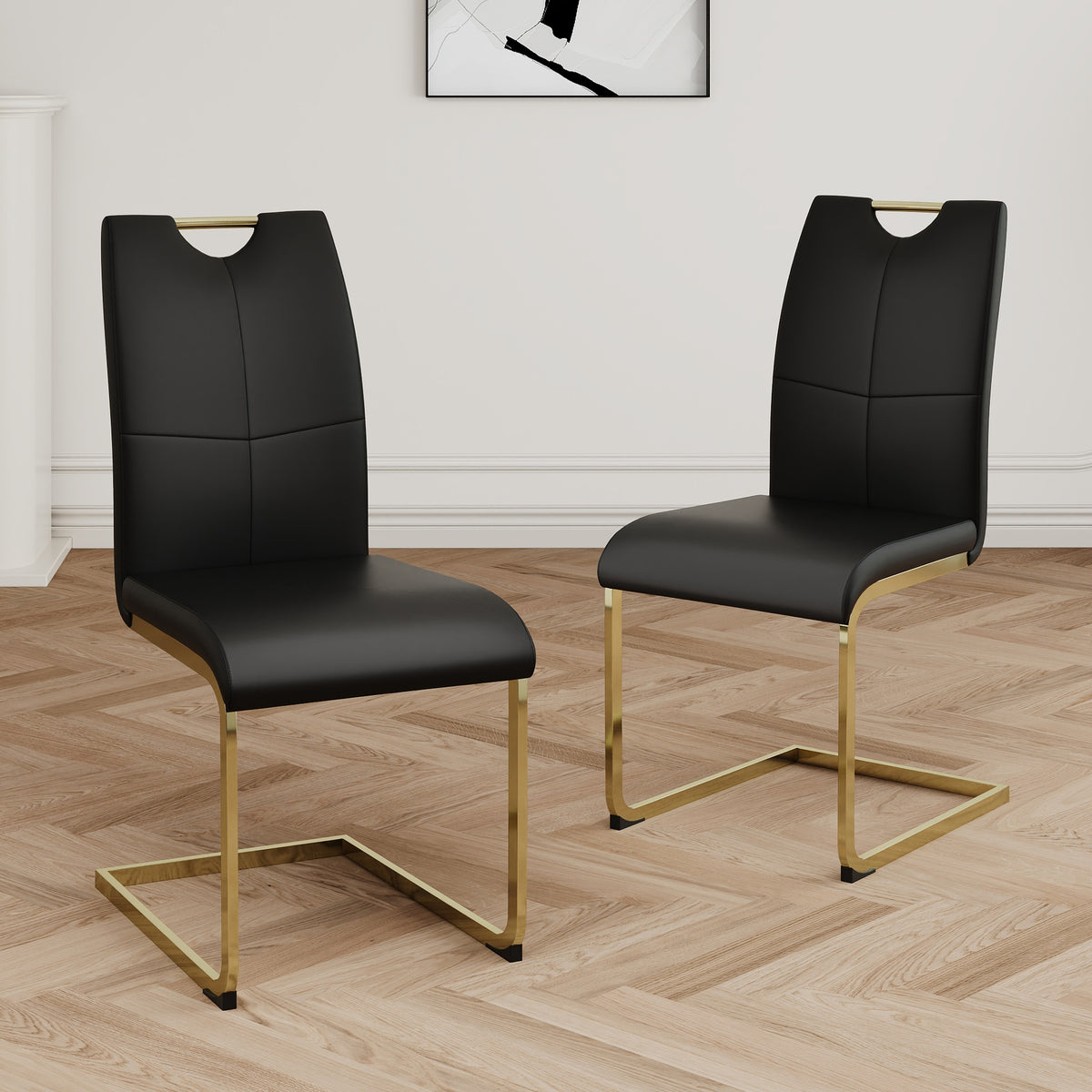 Modern Dining Chairs with Faux Leather Padded Seat Dining Living Room Chairs Upholstered Chair with gold Metal Legs Design for Kitchen, Living, Bedroom, Dining Room Side Chairs Set of 2