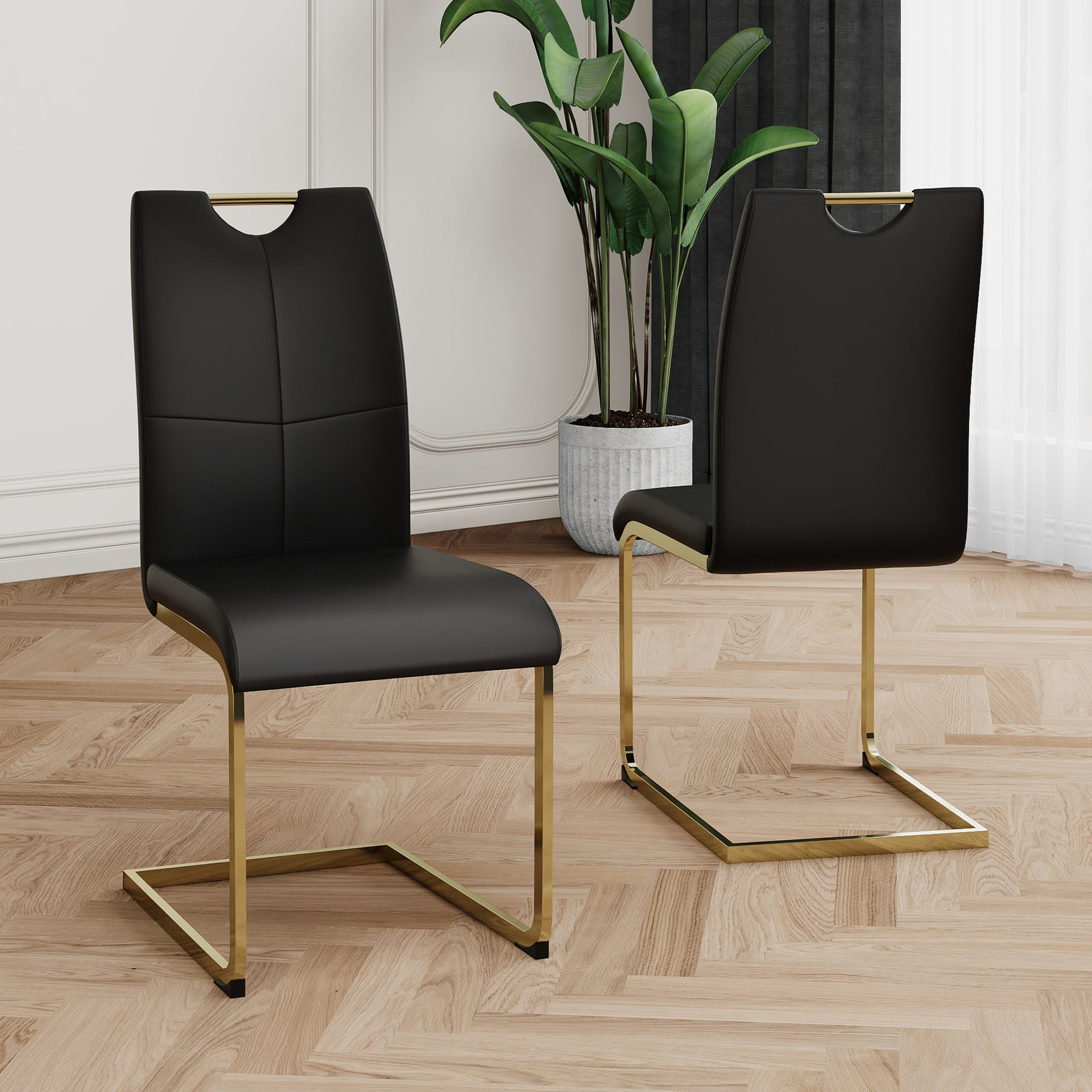 Modern Dining Chairs with Faux Leather Padded Seat Dining Living Room Chairs Upholstered Chair with gold Metal Legs Design for Kitchen, Living, Bedroom, Dining Room Side Chairs Set of 2