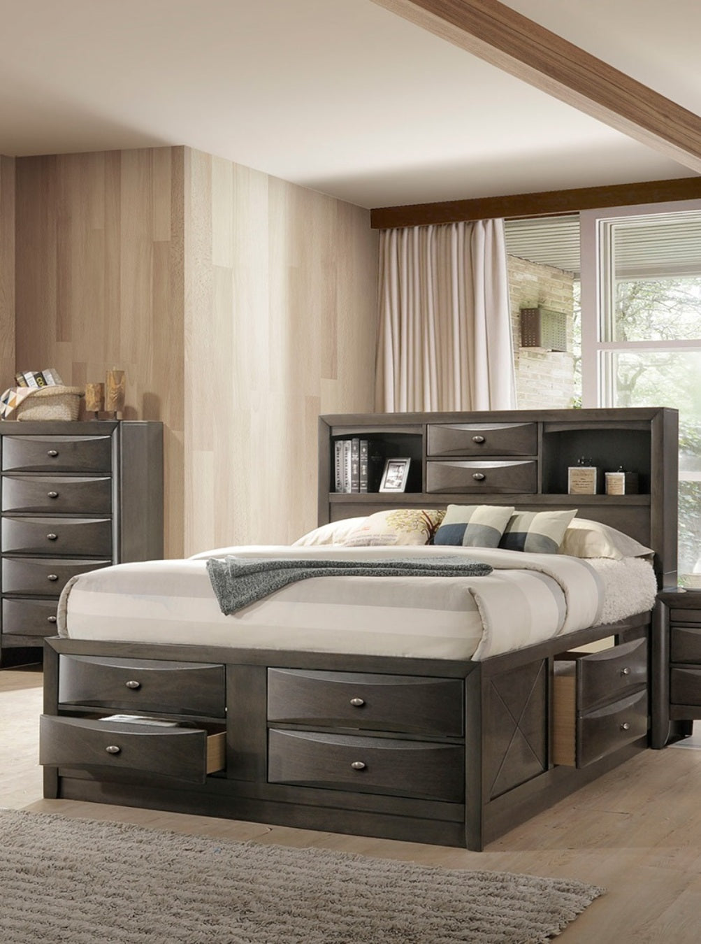 Contemporary Eastern King Size Bed 2x Nightstands Headboard Bookcase Gray Color 3pc Set Bedroom Furniture