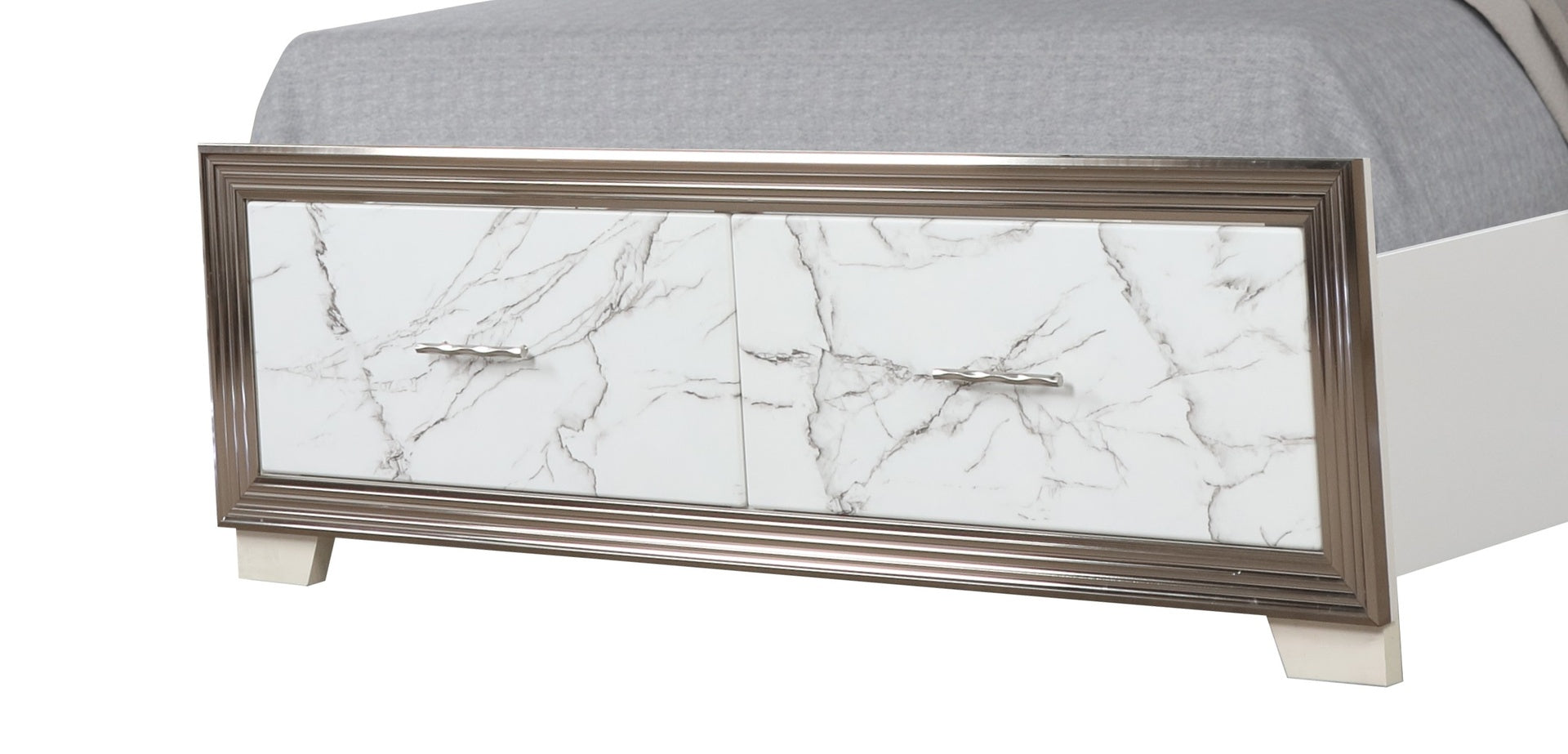 Desire Queen Bed –Upholstered LED Headboard with Marble-Patterned Footboard Storage and Metallic Trim for a Chic Modern Bedroom Statement( CA INVENTORY)