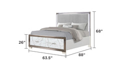Desire Queen Bed –Upholstered LED Headboard with Marble-Patterned Footboard Storage and Metallic Trim for a Chic Modern Bedroom Statement( CA INVENTORY)