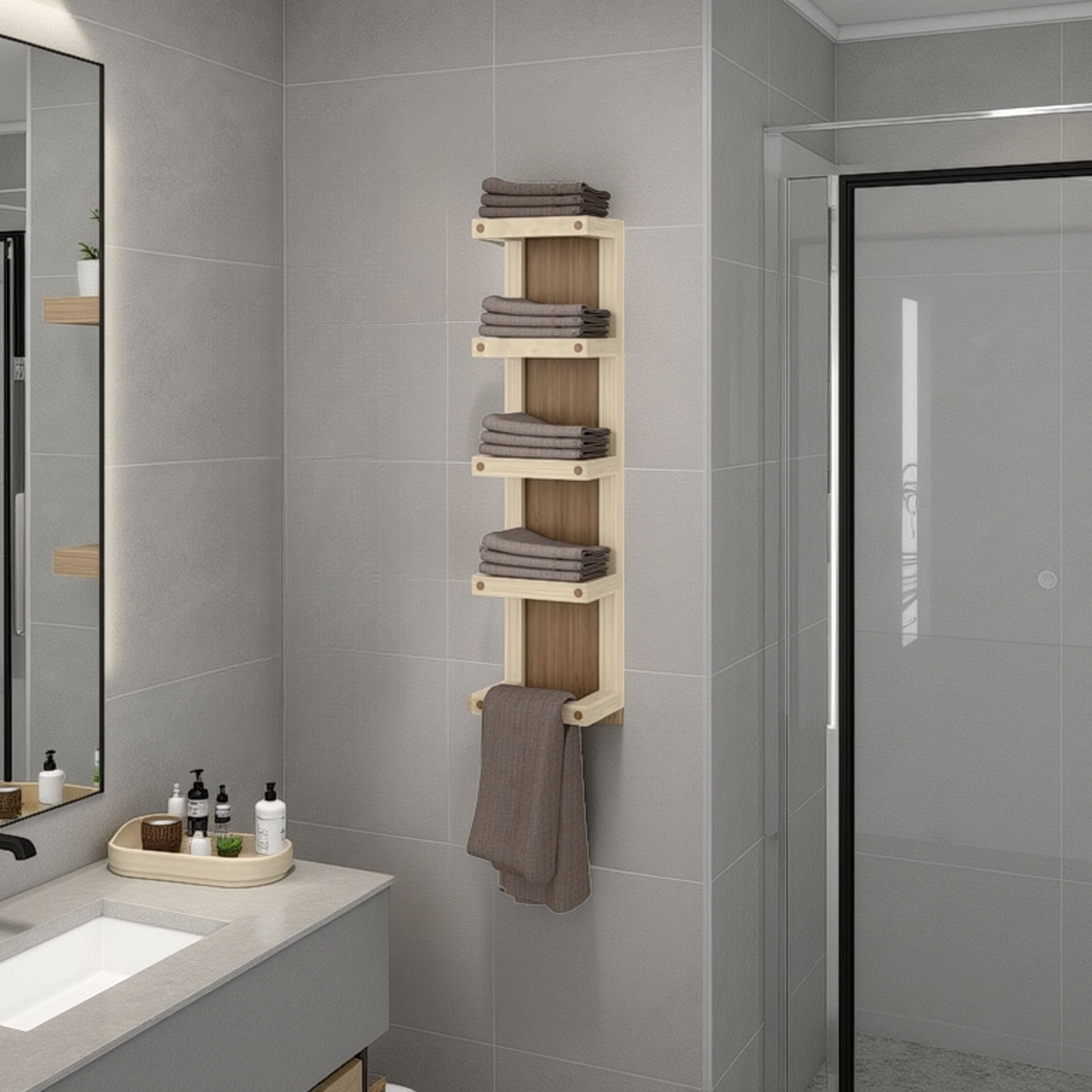 Natural Oak 5-Tier Wall Towel Rack with Shelf