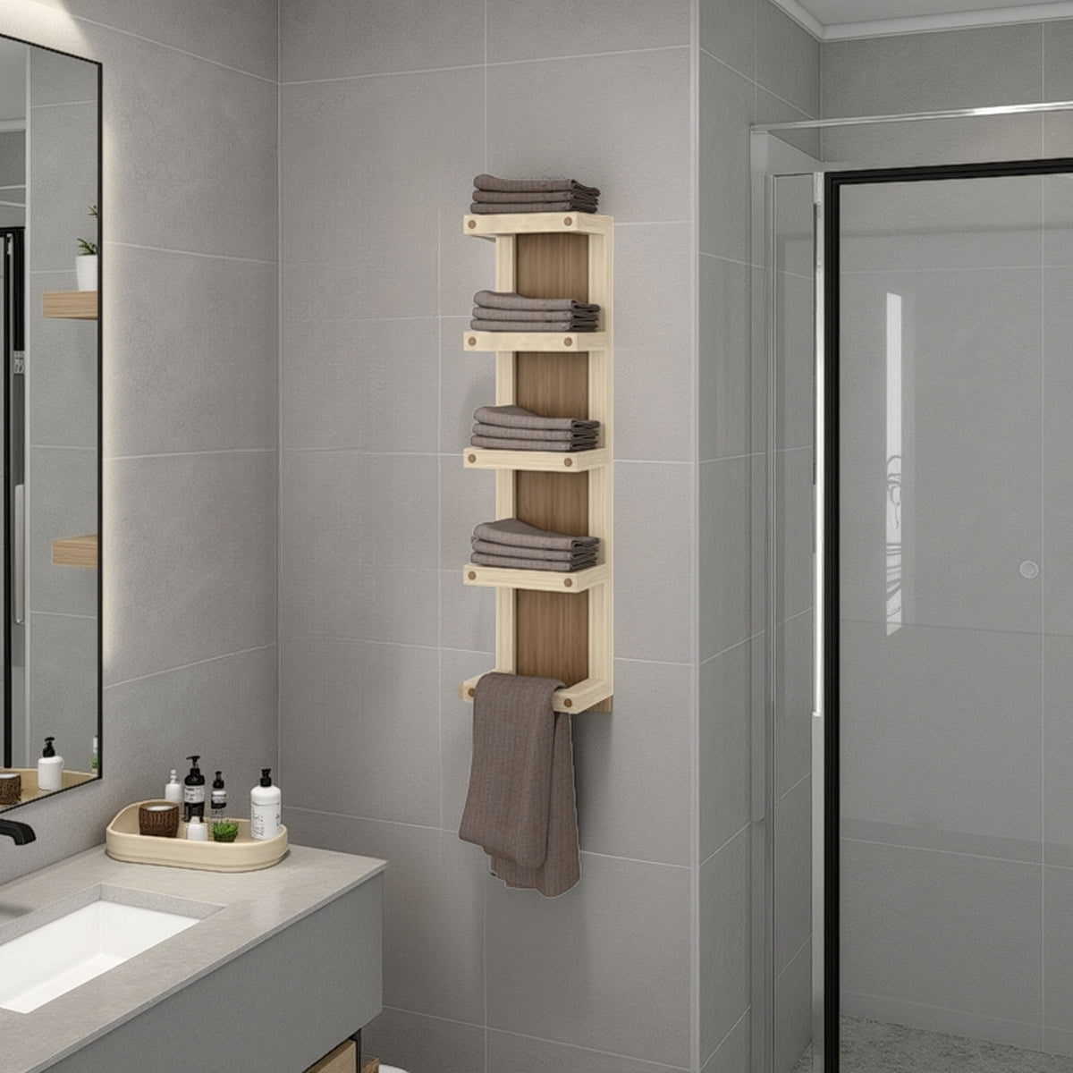 Natural Oak 5-Tier Wall Towel Rack with Shelf