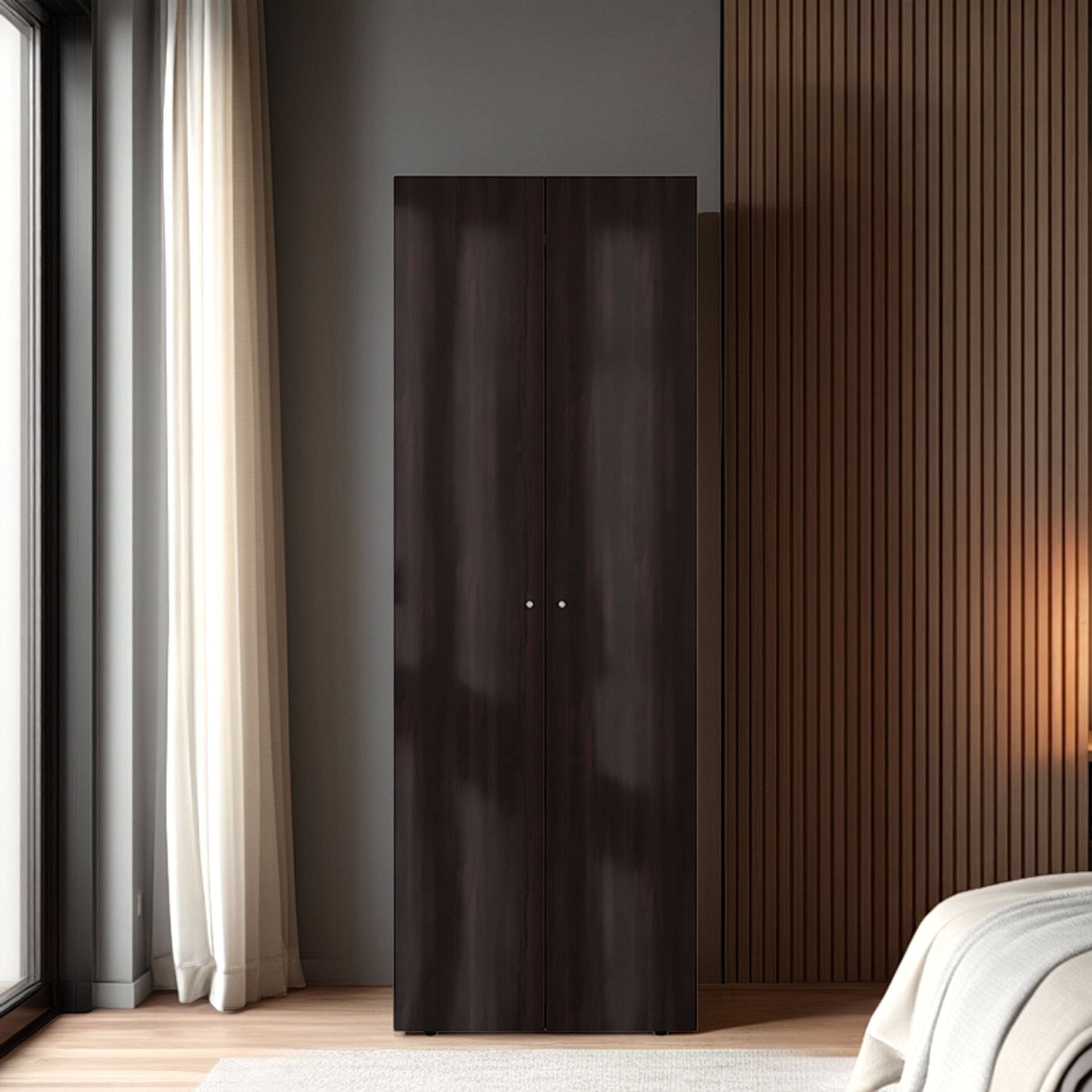 Stained Walnut 2-Door Tall Wardrobe Cabinet with 4 Shelf and Vertical Storage