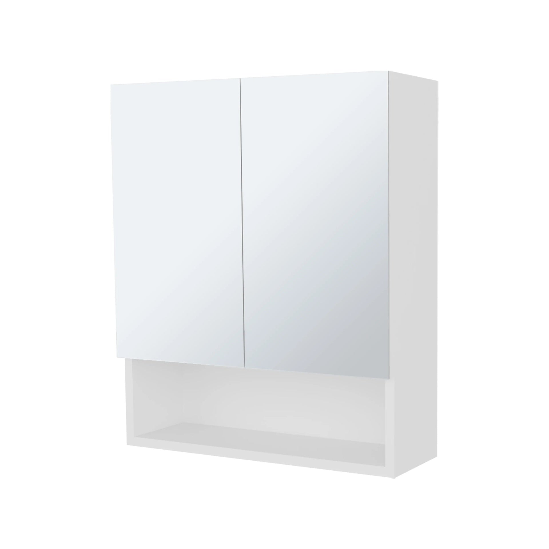 White Medicine Cabinet with Mirrored Doors and Open Storage