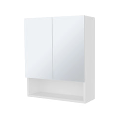 White Medicine Cabinet with Mirrored Doors and Open Storage