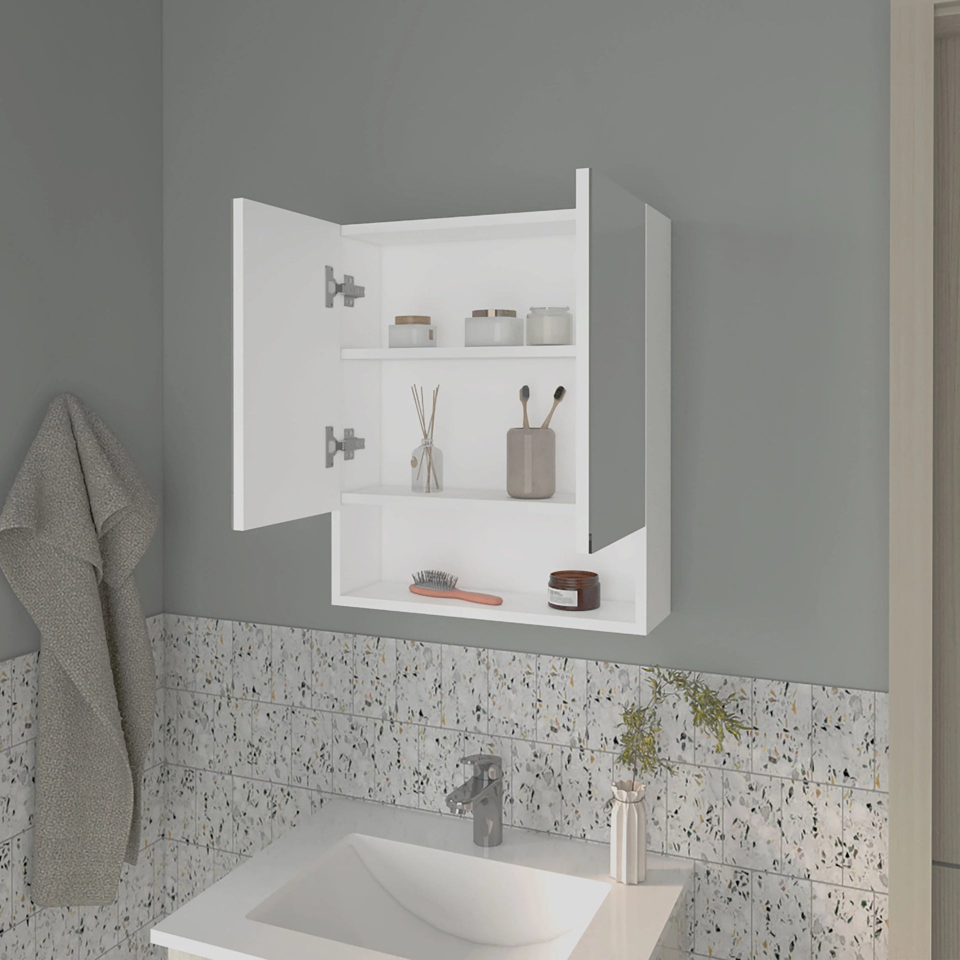 White Medicine Cabinet with Mirrored Doors and Open Storage