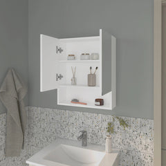 White Medicine Cabinet with Mirrored Doors and Open Storage