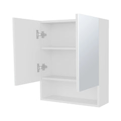 White Medicine Cabinet with Mirrored Doors and Open Storage