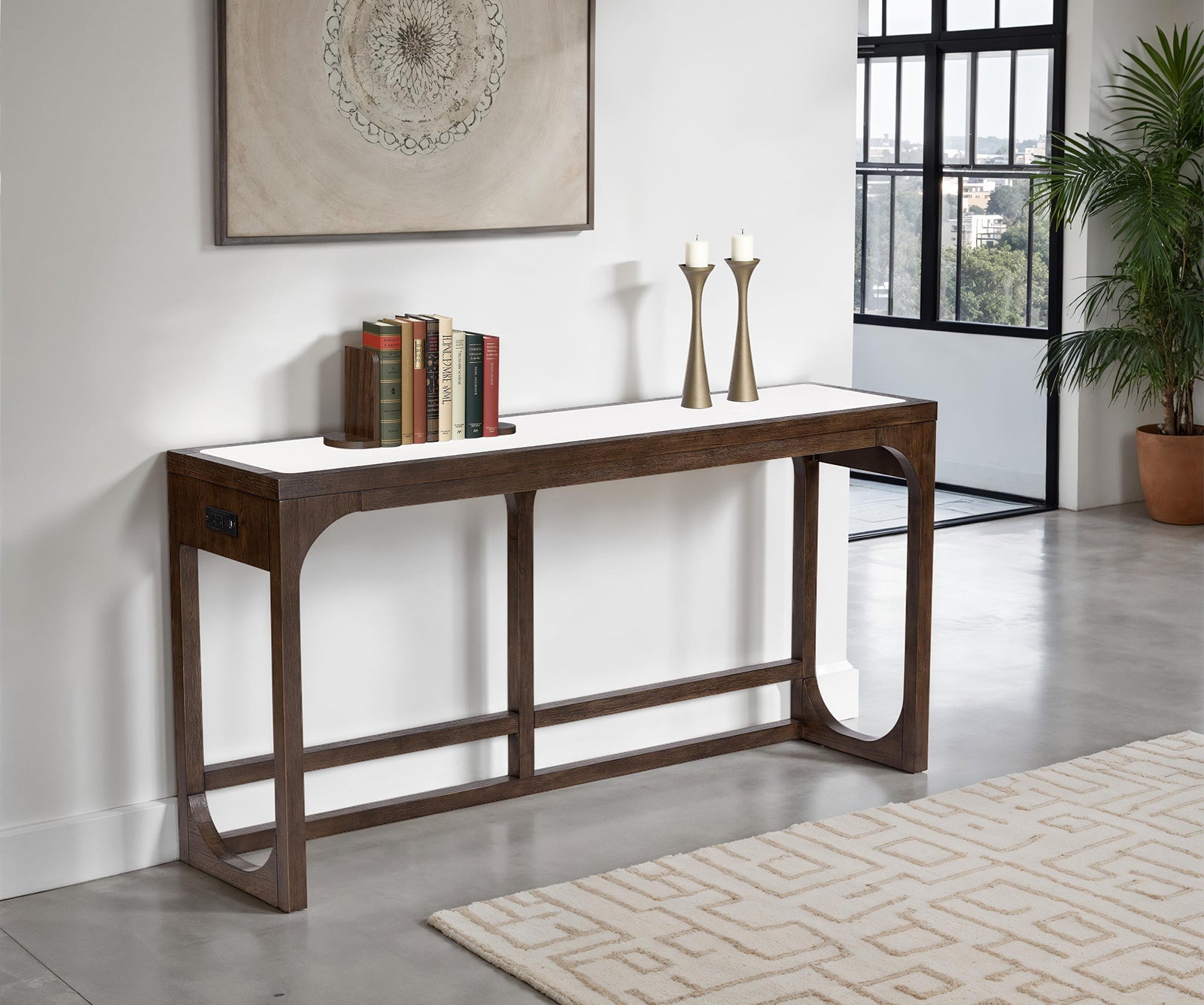 Transitional Style 1pc Sofa Table Quartz Stone Top USB Port Dark Walnut Finish Primary Living Room