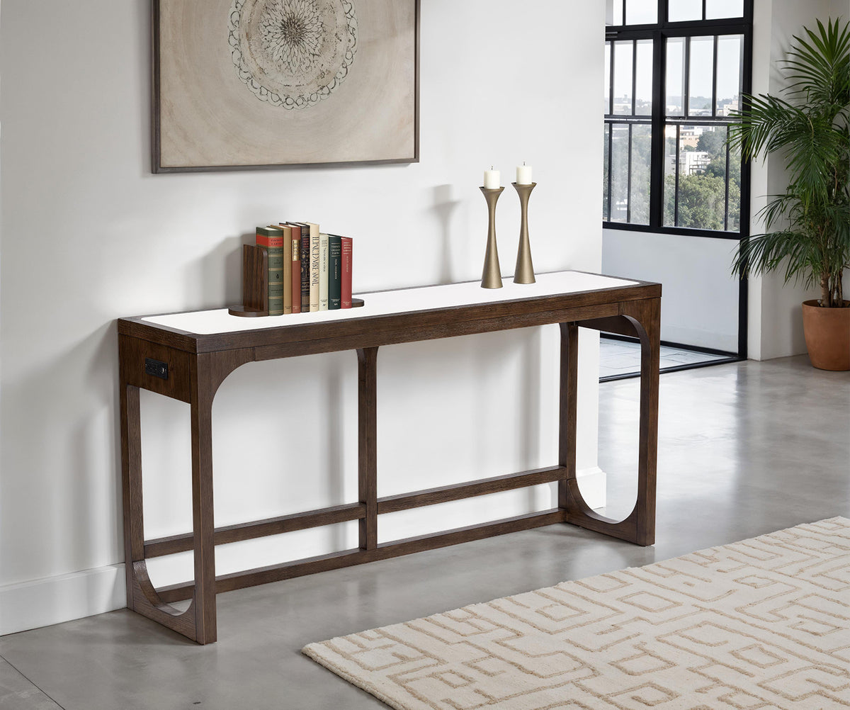 Transitional Style 1pc Sofa Table Quartz Stone Top USB Port Dark Walnut Finish Primary Living Room