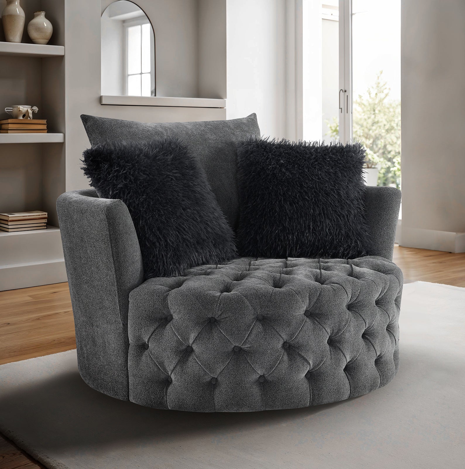 Dark Gray Finish Transitional Style 1pc Button Tufted swivel Round Chair Barrel Style Arms Scattered back Pillow Primary Living Room