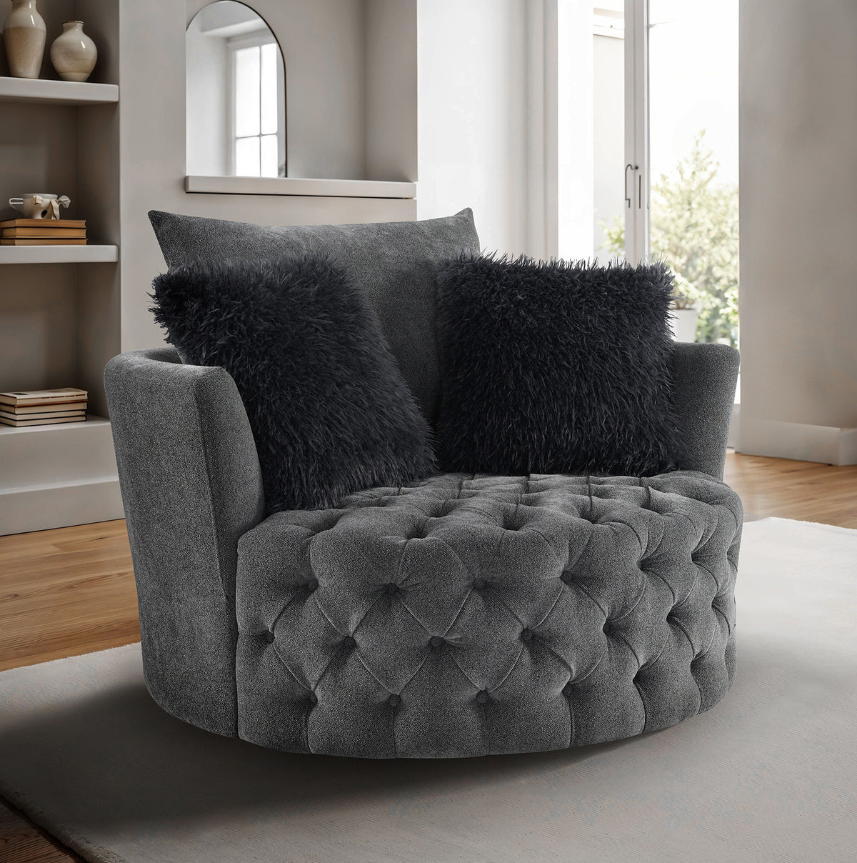Dark Gray Finish Transitional Style 1pc Button Tufted swivel Round Chair Barrel Style Arms Scattered back Pillow Primary Living Room