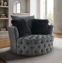 Dark Gray Finish Transitional Style 1pc Button Tufted swivel Round Chair Barrel Style Arms Scattered back Pillow Primary Living Room