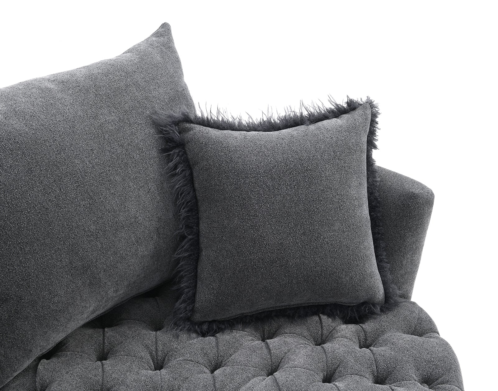 Dark Gray Finish Transitional Style 1pc Button Tufted swivel Round Chair Barrel Style Arms Scattered back Pillow Primary Living Room