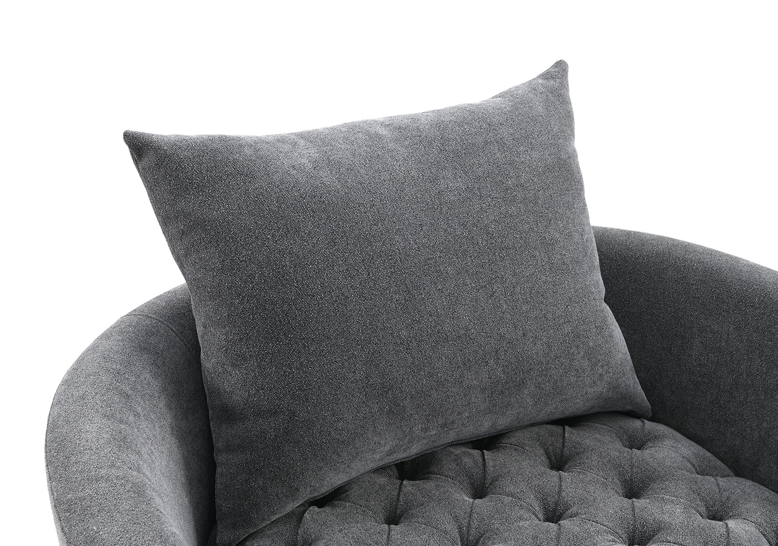 Dark Gray Finish Transitional Style 1pc Button Tufted swivel Round Chair Barrel Style Arms Scattered back Pillow Primary Living Room