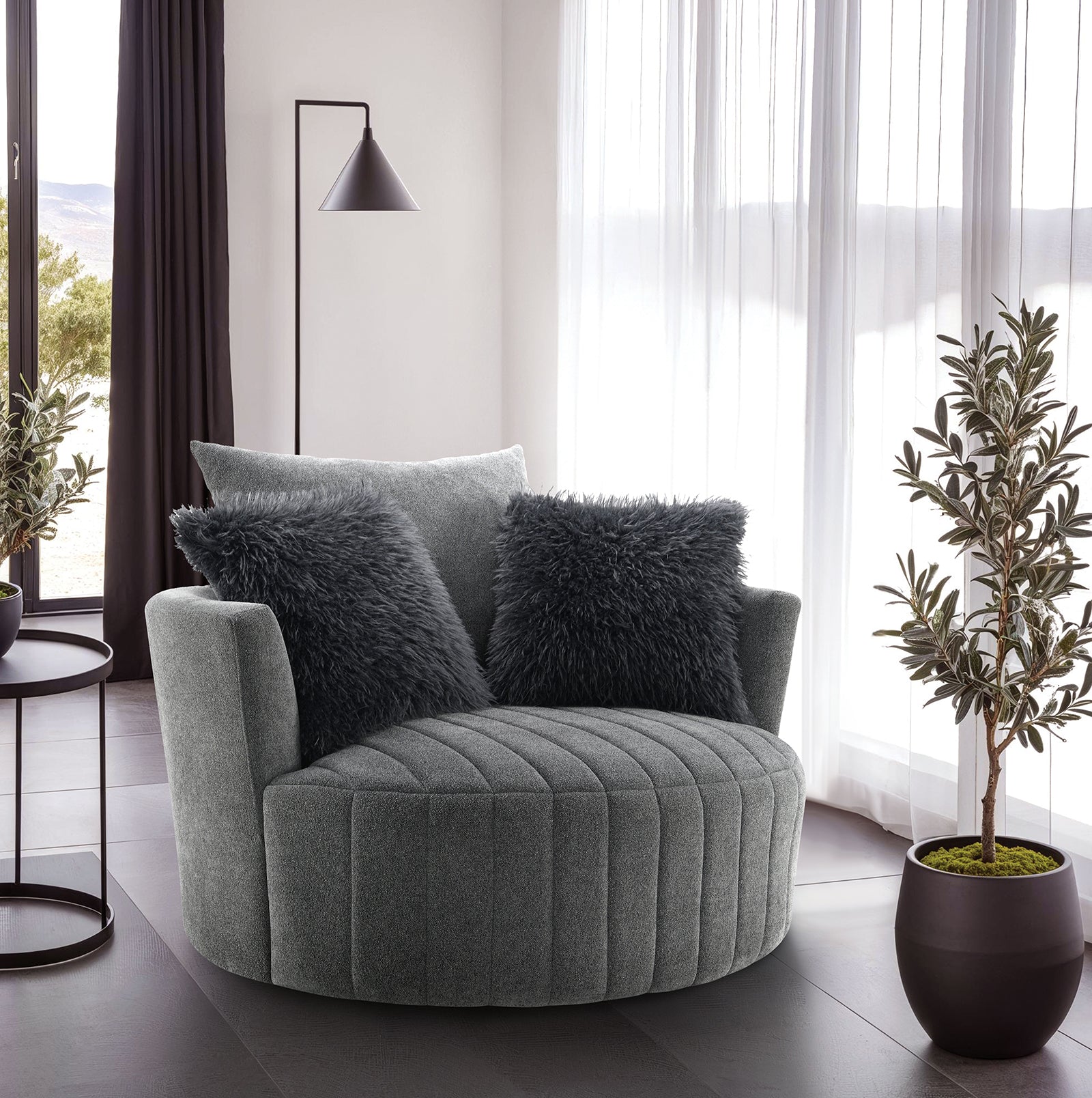 Transitional Style 1pc Channel Tufted Swivel Round Chair Scattered Back Pillow Dark Gray Finish Primary living Room