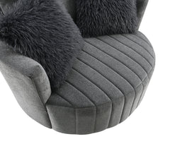 Transitional Style 1pc Channel Tufted Swivel Round Chair Scattered Back Pillow Dark Gray Finish Primary living Room