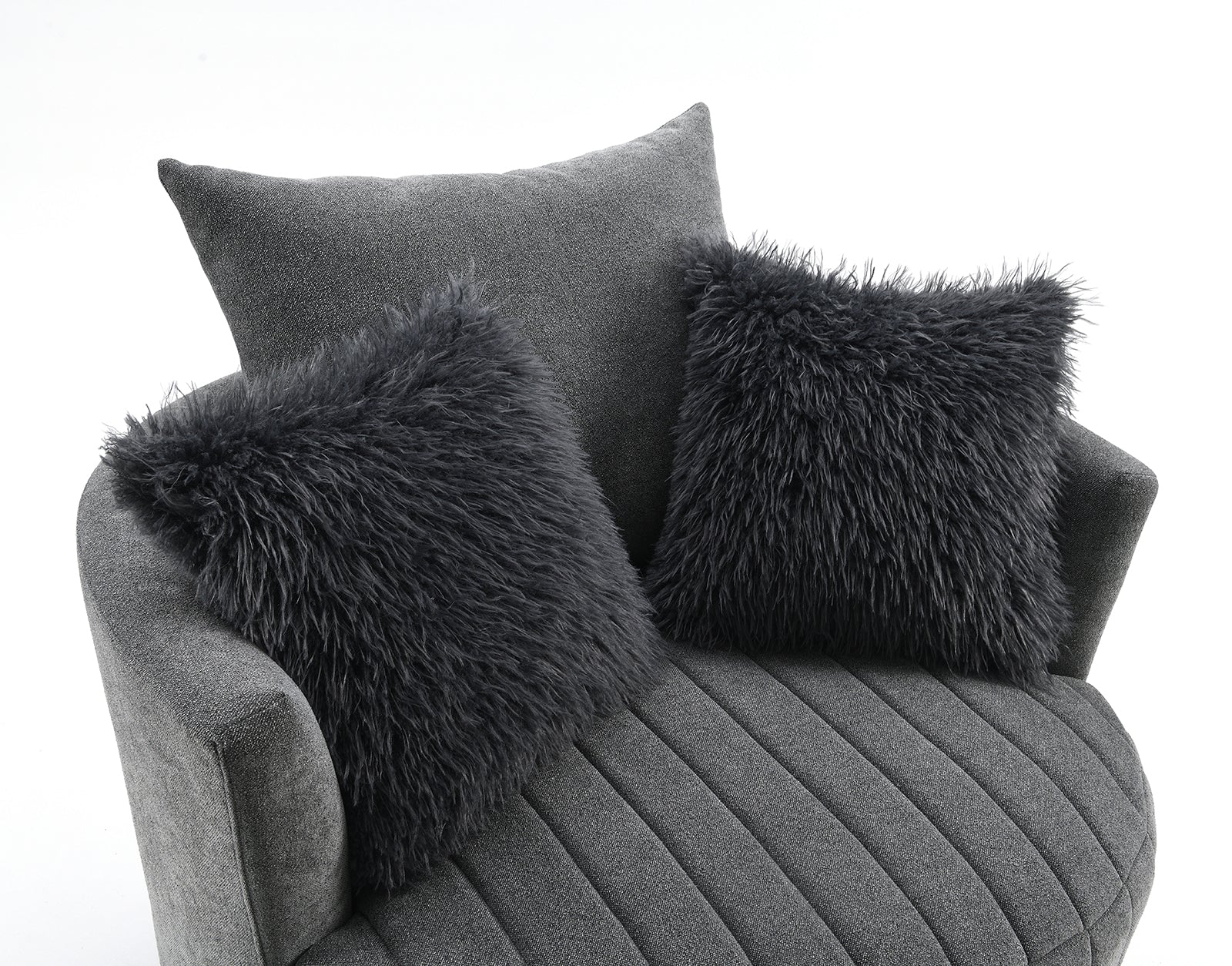 Transitional Style 1pc Channel Tufted Swivel Round Chair Scattered Back Pillow Dark Gray Finish Primary living Room