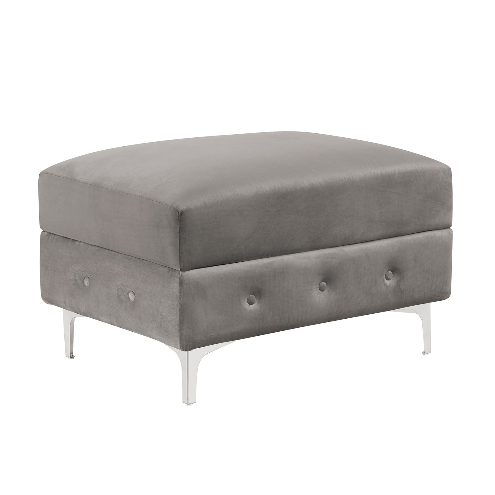 Transitional Style Square Ottoman With Steel Leg Chrome Plated and Button Tufted Gray Finish