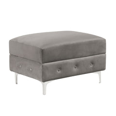 Transitional Style Square Ottoman With Steel Leg Chrome Plated and Button Tufted Gray Finish