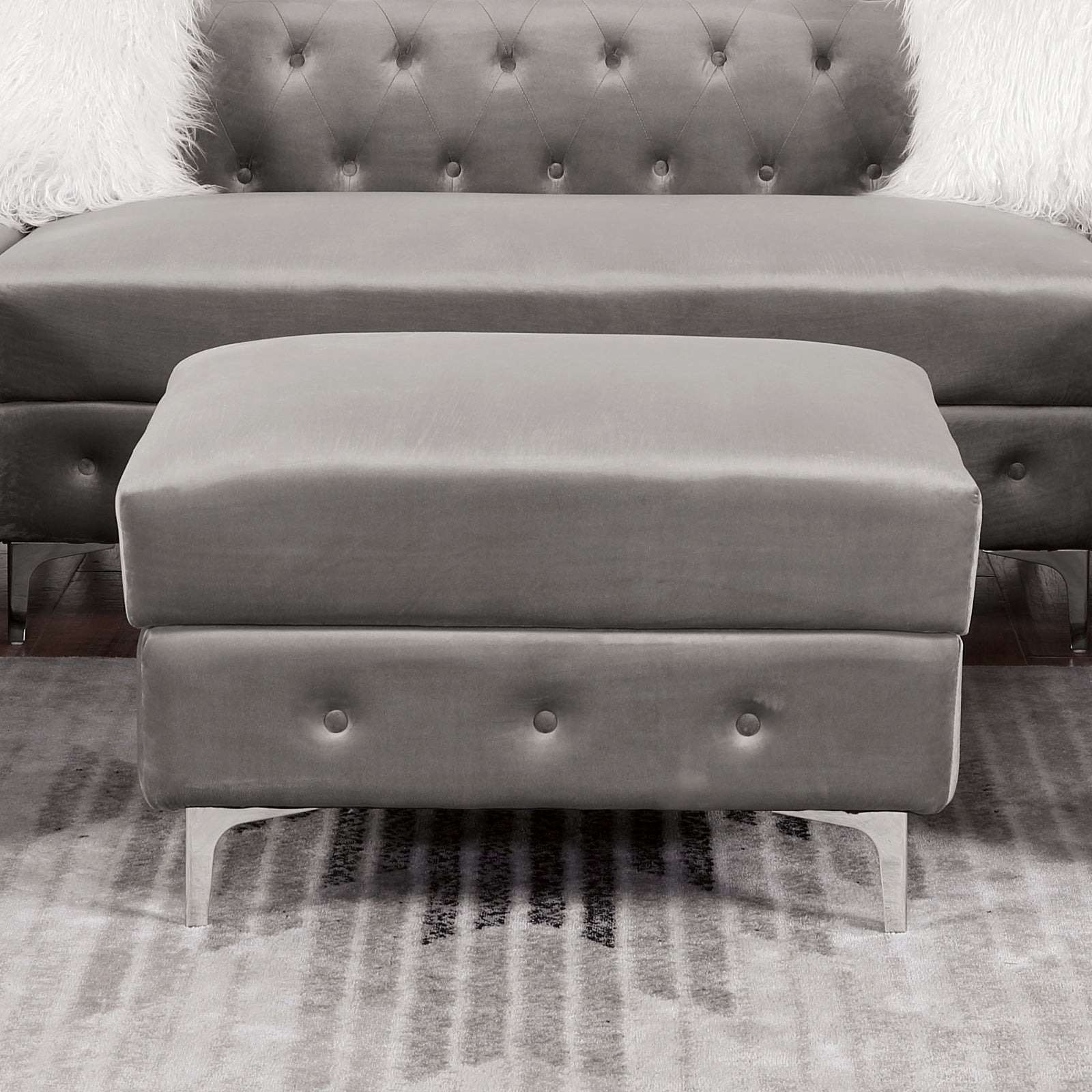 Transitional Style Square Ottoman With Steel Leg Chrome Plated and Button Tufted Gray Finish