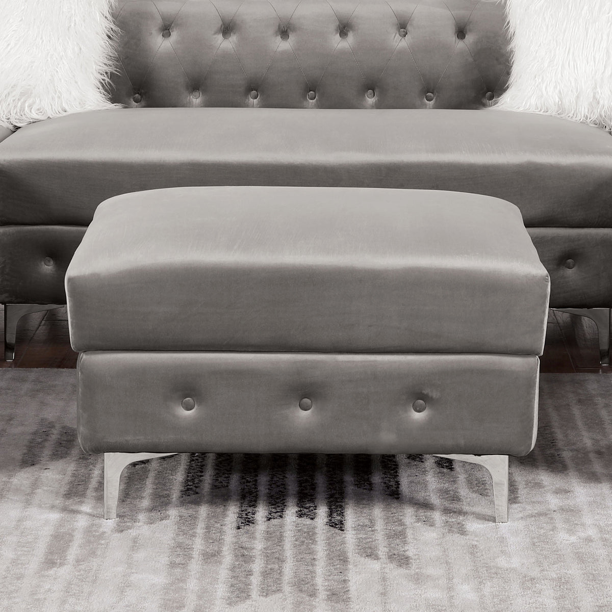 Transitional Style Square Ottoman With Steel Leg Chrome Plated and Button Tufted Gray Finish