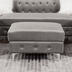 Transitional Style Square Ottoman With Steel Leg Chrome Plated and Button Tufted Gray Finish