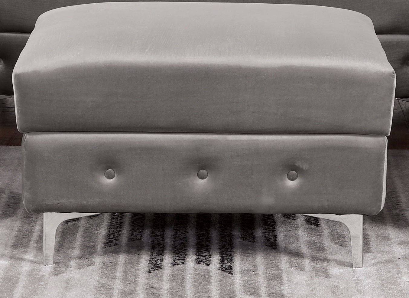 Transitional Style Square Ottoman With Steel Leg Chrome Plated and Button Tufted Gray Finish