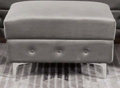 Transitional Style Square Ottoman With Steel Leg Chrome Plated and Button Tufted Gray Finish