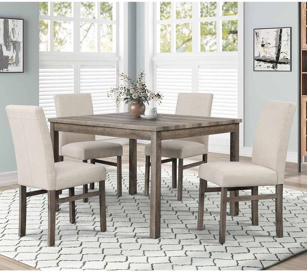 5 Piece Transitional Dining Room Set 48" Wood Dining Table with 4 Upholstered Side Chairs, Oak
