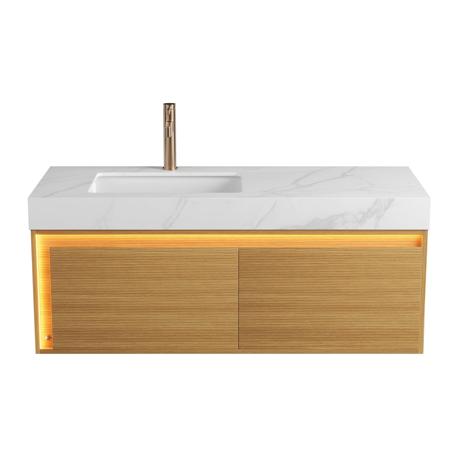 NYAH 48'' Bathroom Vanity&Sink, Floating Ultra-Slim Grille Plywood Storage Cabinet, Drawers with Sensor Light, Carrara White Sintered Stone Top&Ceramic Undermount Basin, Pre-assembled, Light Woodgrain
