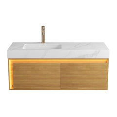 NYAH 48'' Bathroom Vanity&Sink, Floating Ultra-Slim Grille Plywood Storage Cabinet, Drawers with Sensor Light, Carrara White Sintered Stone Top&Ceramic Undermount Basin, Pre-assembled, Light Woodgrain