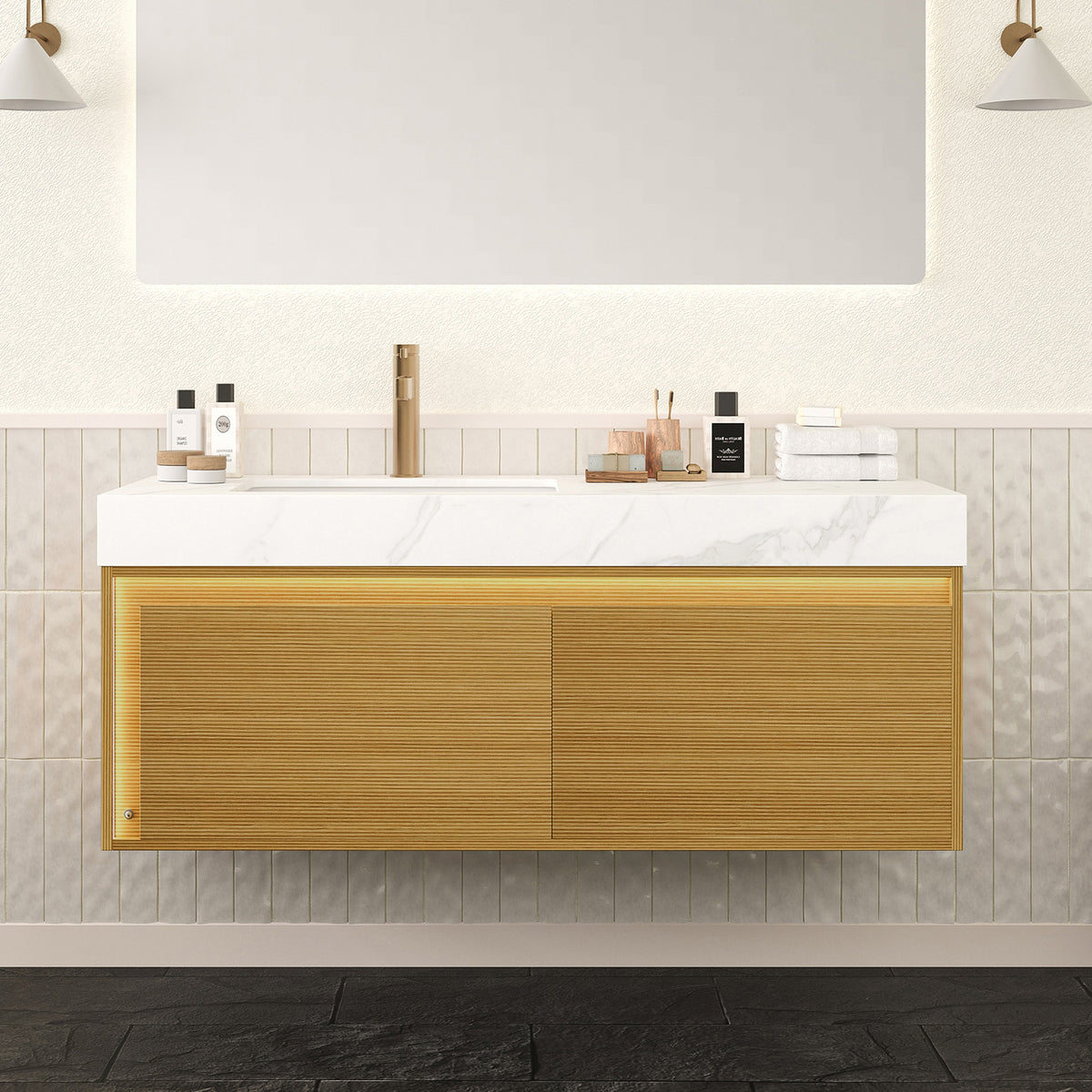 NYAH 48'' Bathroom Vanity&Sink, Floating Ultra-Slim Grille Plywood Storage Cabinet, Drawers with Sensor Light, Carrara White Sintered Stone Top&Ceramic Undermount Basin, Pre-assembled, Light Woodgrain