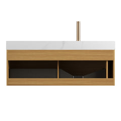 NYAH 48'' Bathroom Vanity&Sink, Floating Ultra-Slim Grille Plywood Storage Cabinet, Drawers with Sensor Light, Carrara White Sintered Stone Top&Ceramic Undermount Basin, Pre-assembled, Light Woodgrain