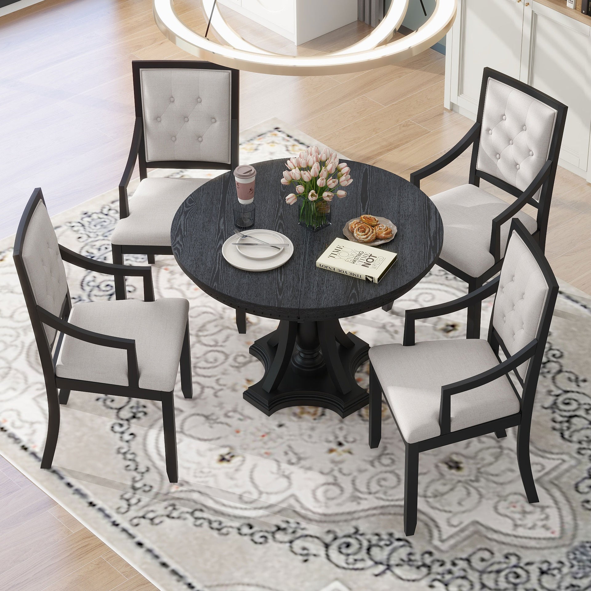 TREXM Retro 5-piece Dining Set Extendable Round Table and 4 Chairs for Kitchen Dining Room(BLACK OAK)