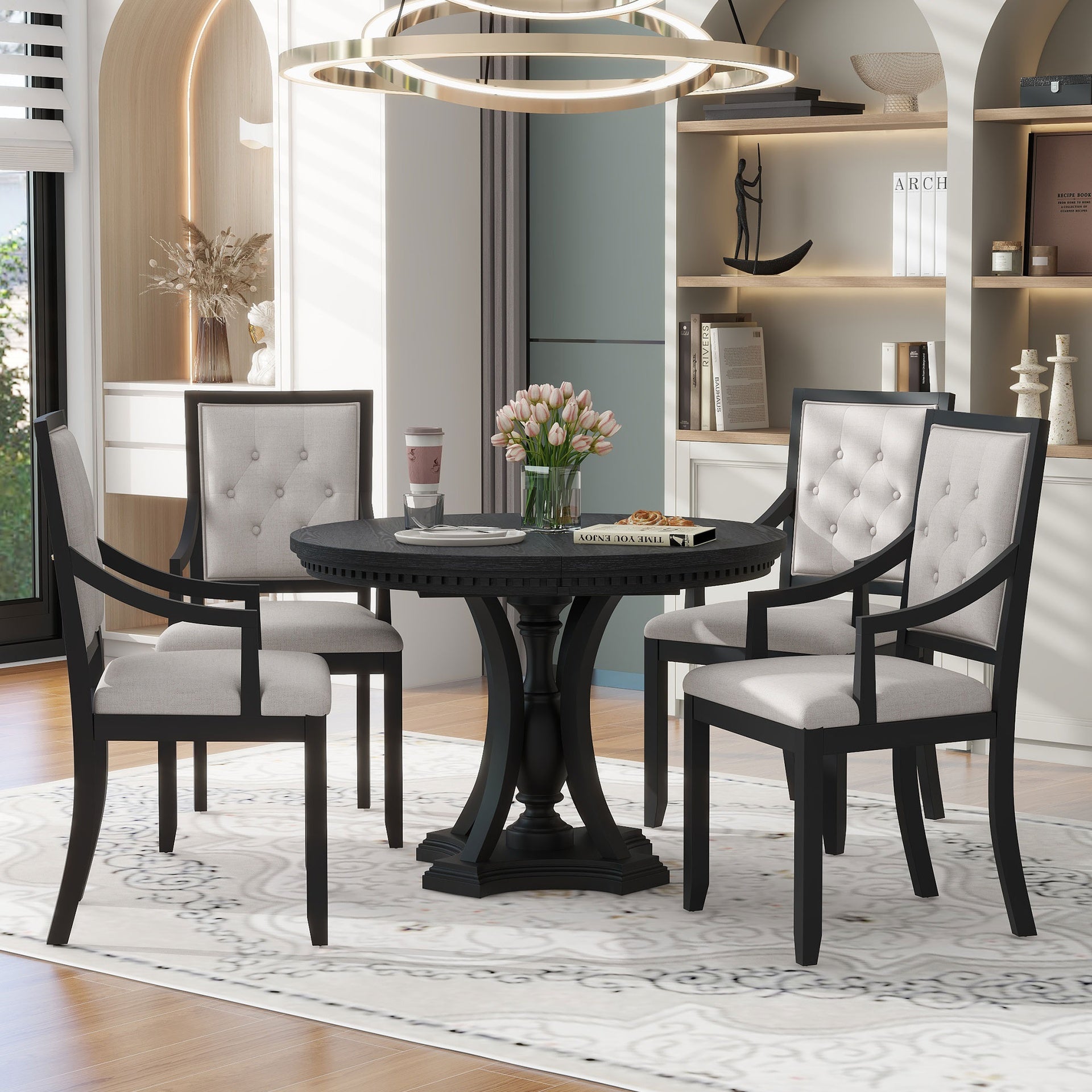 TREXM Retro 5-piece Dining Set Extendable Round Table and 4 Chairs for Kitchen Dining Room(BLACK OAK)