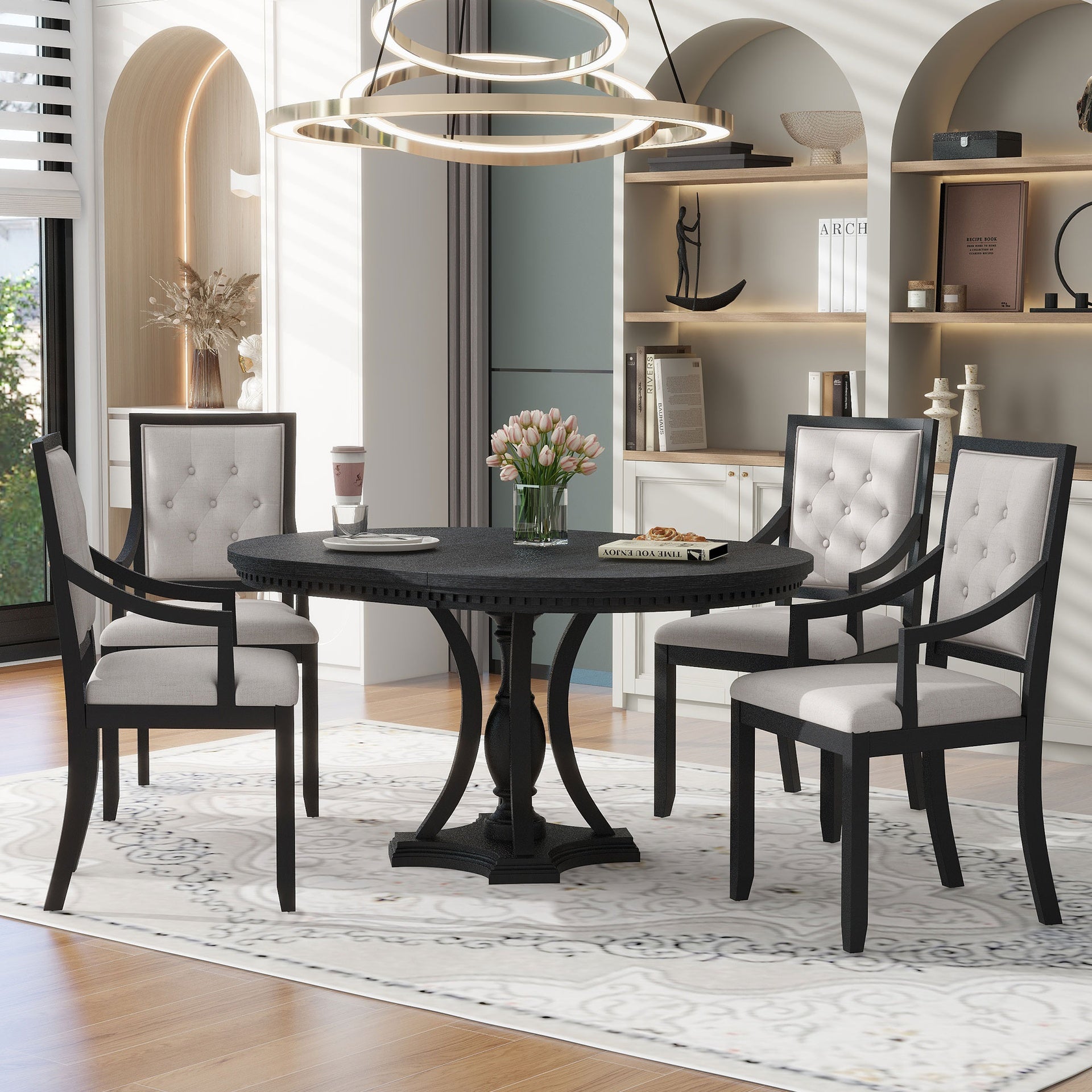 TREXM Retro 5-piece Dining Set Extendable Round Table and 4 Chairs for Kitchen Dining Room(BLACK OAK)