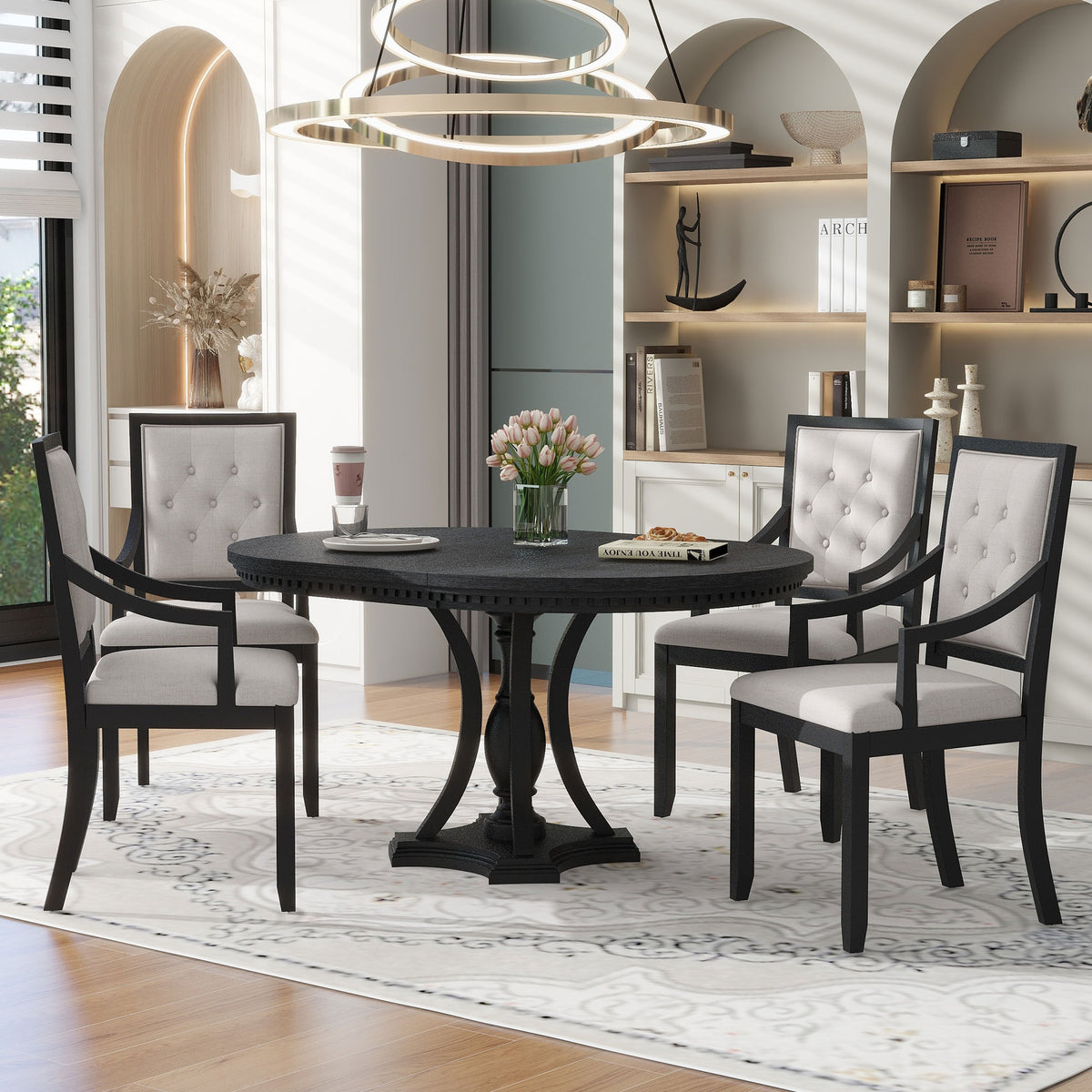 TREXM Retro 5-piece Dining Set Extendable Round Table and 4 Chairs for Kitchen Dining Room(BLACK OAK)