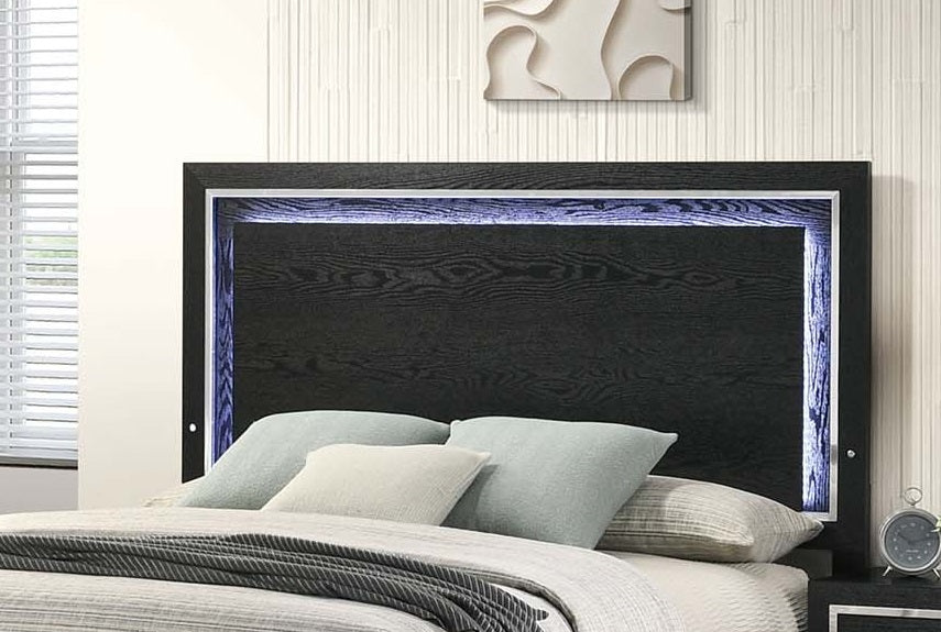 Modern Style Eastern King Size Bed Built In LED Lights Medium Density Black Finish Bedroom Furniture