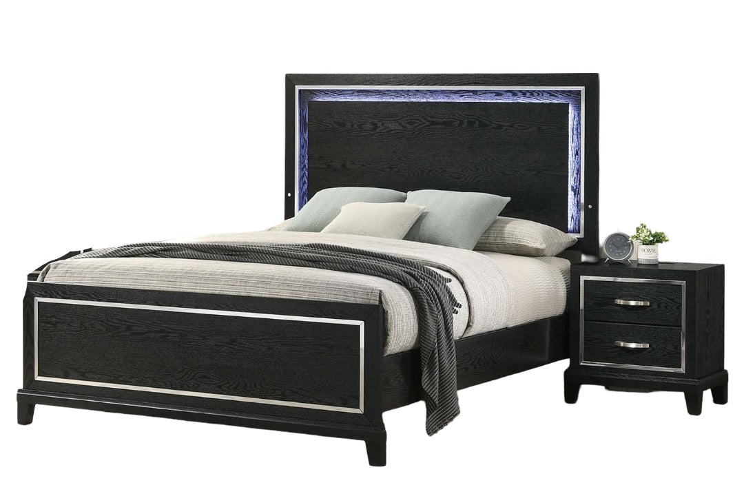 Modern Style Eastern King Size Bed Built In LED Lights Medium Density Black Finish Bedroom Furniture